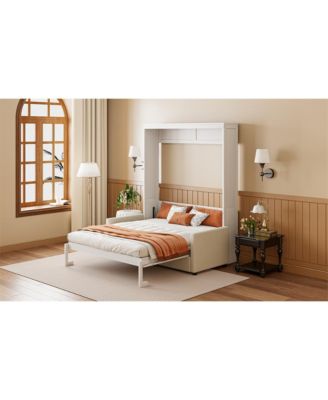 Full Size Murphy Bed Wall Bed with Cushion, White