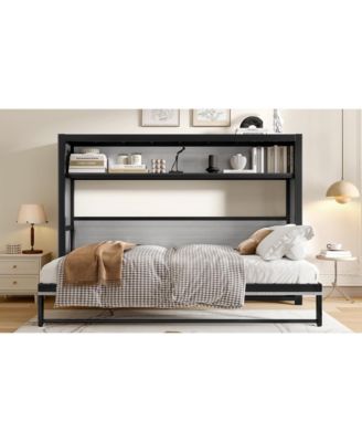  Twin Murphy Bed with Shelves, Foldable Metal Wall Bed - Gray