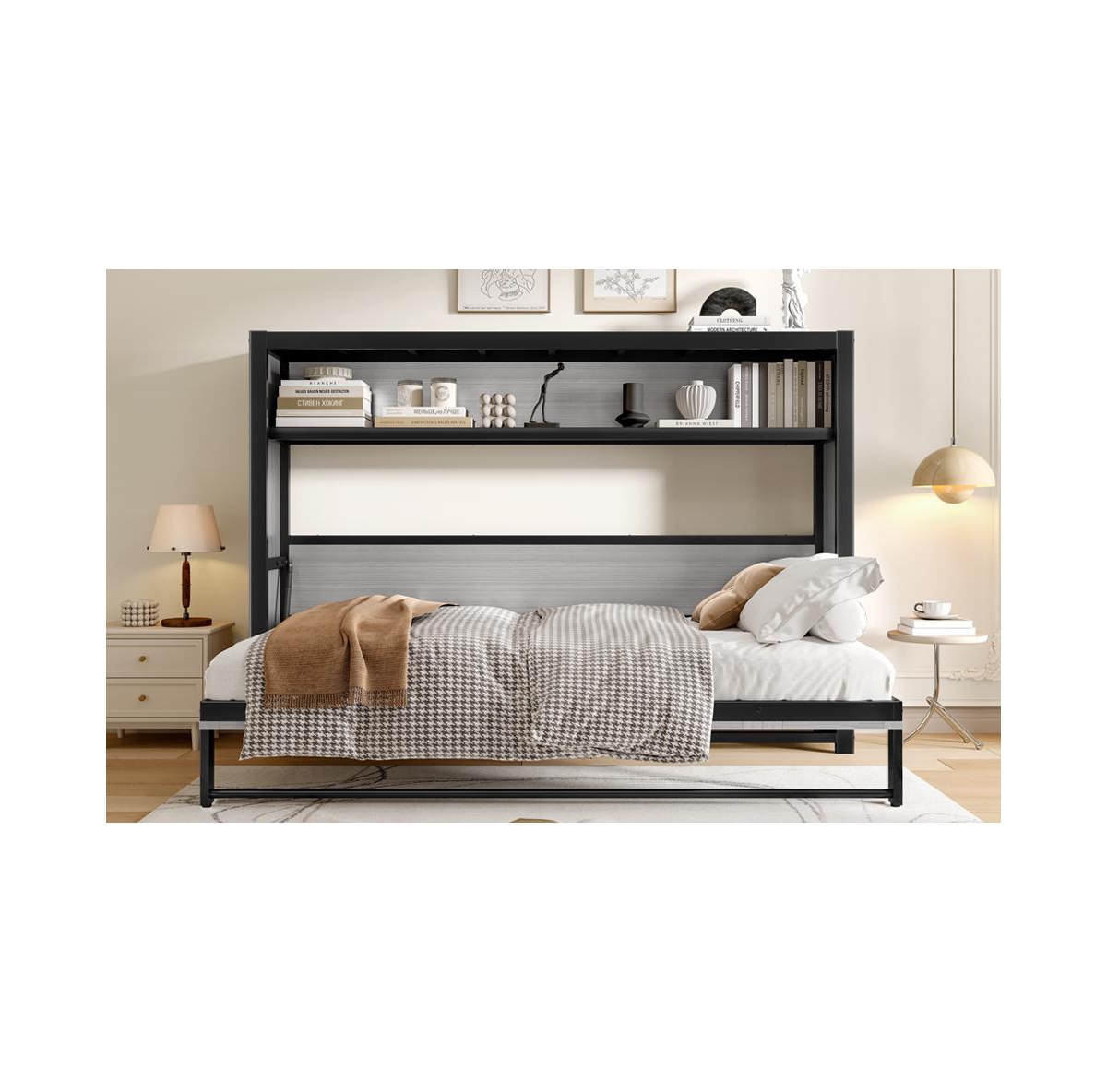 Streamdale Furniture Twin Murphy Bed with Shelves, Foldable Metal Wall Bed - Gray