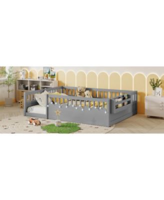 Twin Size  Wood  Rails, Light & Shelf  Floor Bed Frame