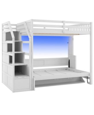 Full XL Loft Bed w/ Storage Stairs & Full Murphy Bed, LED