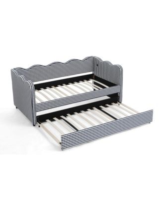 Gingham Daybed with Trundle, USB Port, Linen, Navy