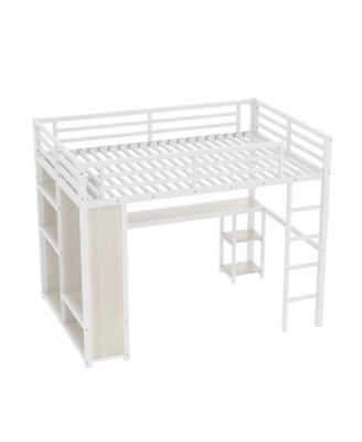 Queen Loft Bed Frame w/ Wardrobe, Desk & Shelves
