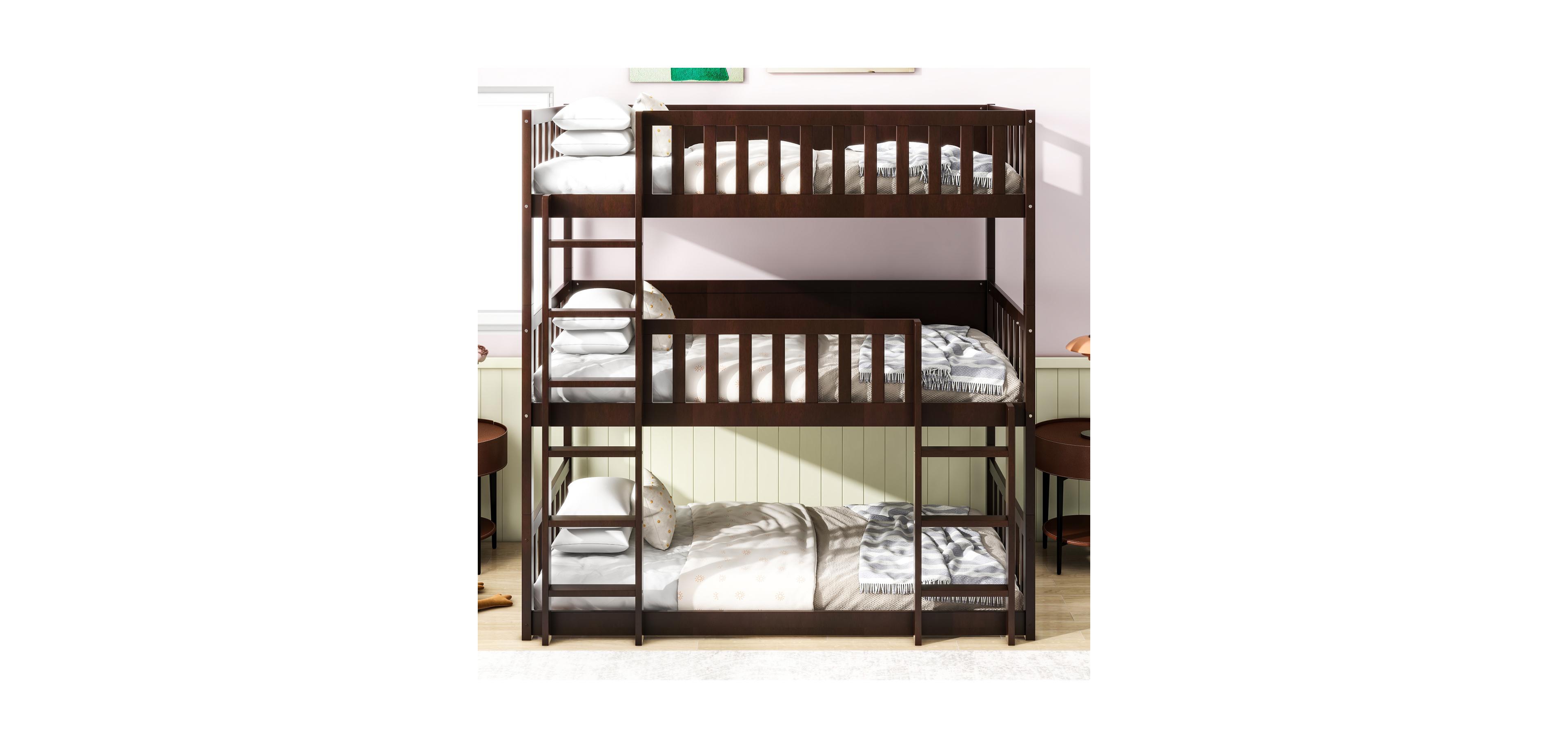 Streamdale Furniture Twin Triple Bunk Bed, Ladders, Guardrails, Espresso