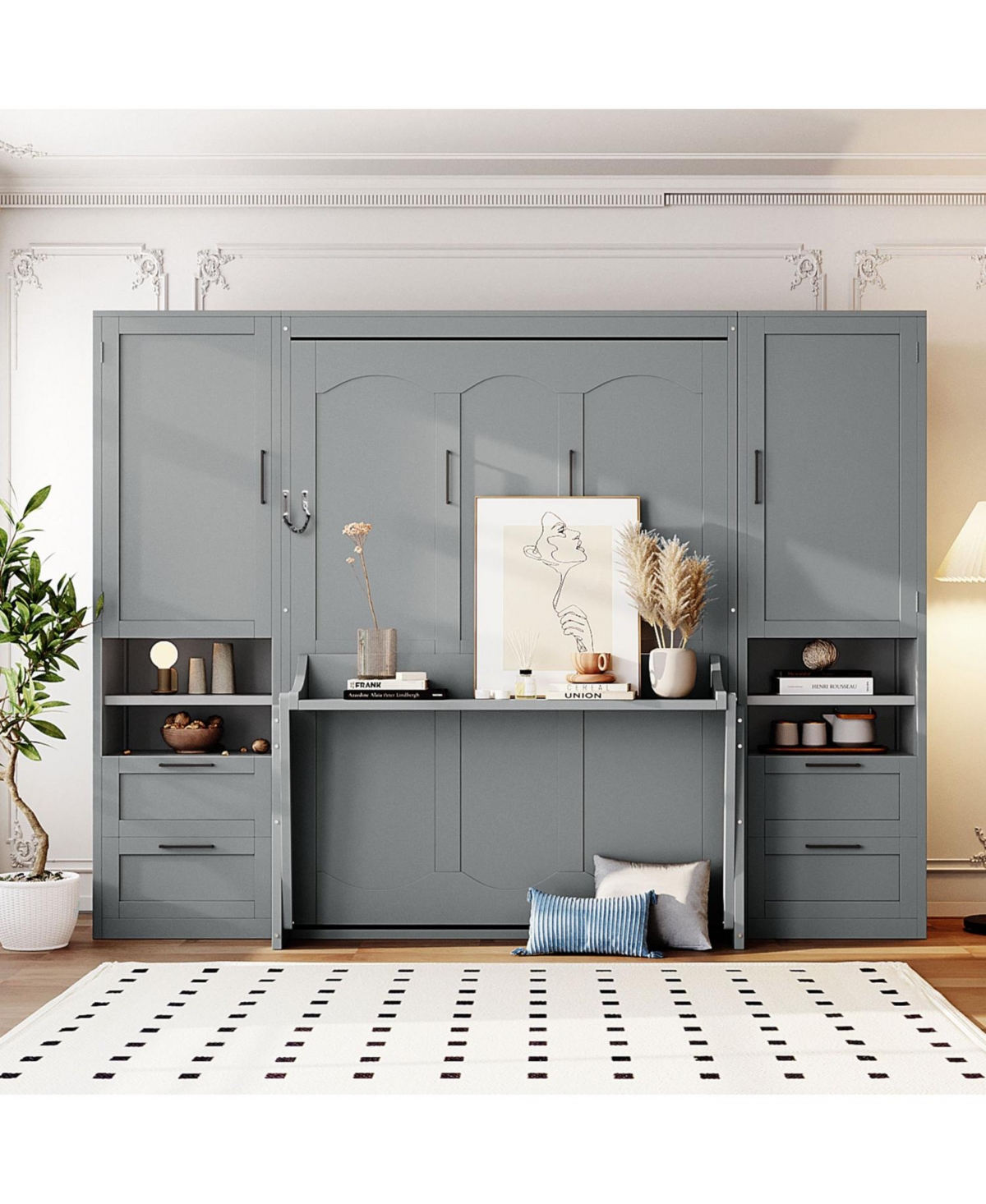 Streamdale Furniture Full Size Murphy Bed Wall Bed with Closet ,Drawers and Shelves, Gray