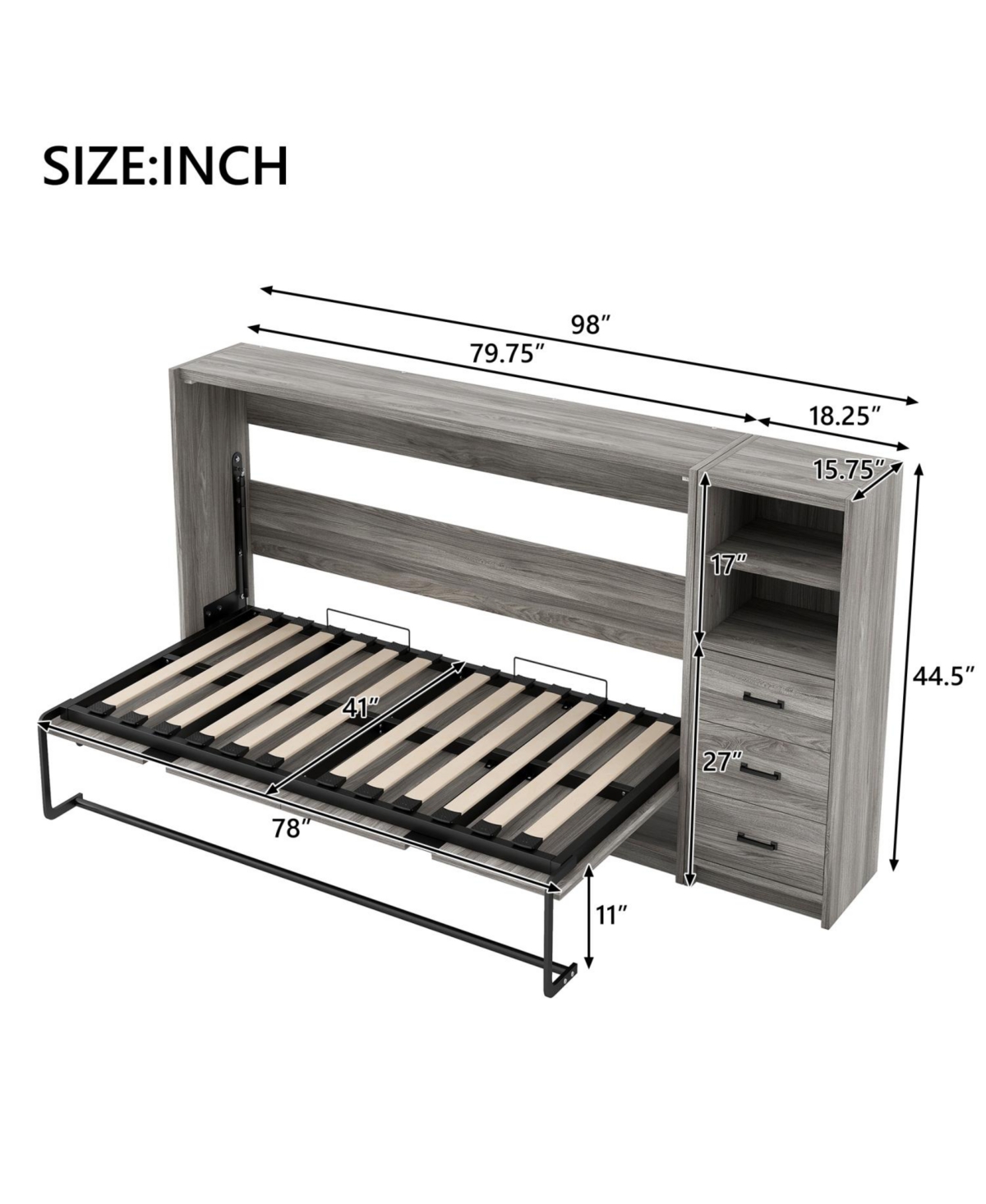 Streamdale Furniture + Twin + Wood (or Mdf, if that s the material) + Murphy Bed with Drawers & Led, Folds to Cabinet + Bed