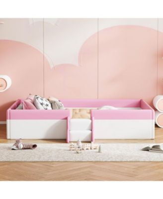 Twin Size Upholstered Daybed Frame with Fence and Stairs, (PINK+WHITE