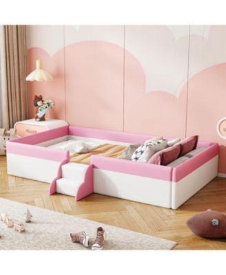 Twin Size Upholstered Daybed Frame with Fence and Stairs, (PINK+WHITE