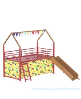 Jack Metal Twin Loft Bed w/ Slide & Curtain - Super Hero Gold/Red