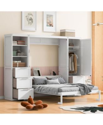 Queen Murphy Bed with Closet, Drawers & Shelves - White