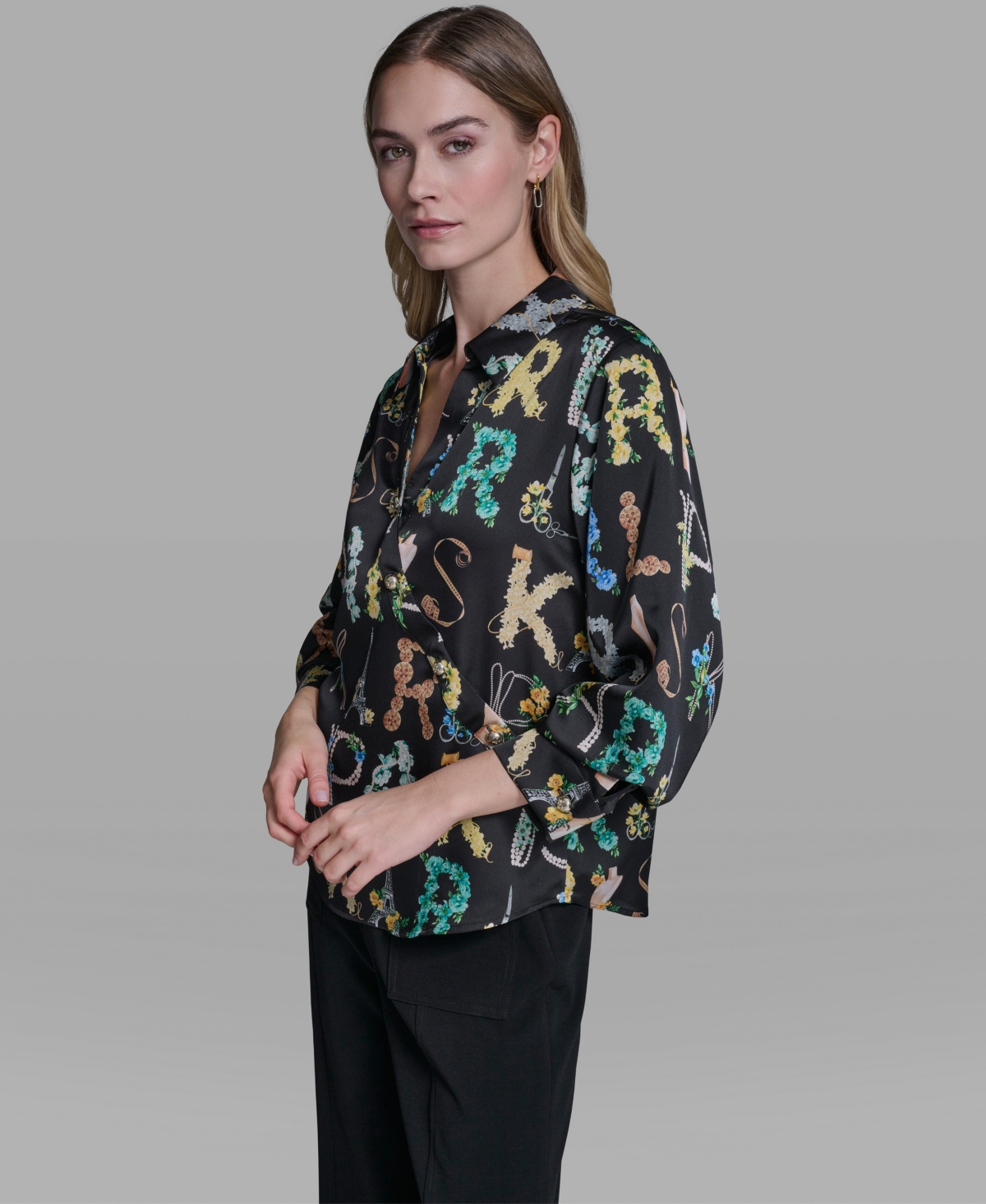 Karl Lagerfeld Paris Women's Printed 3/4-Sleeve Top