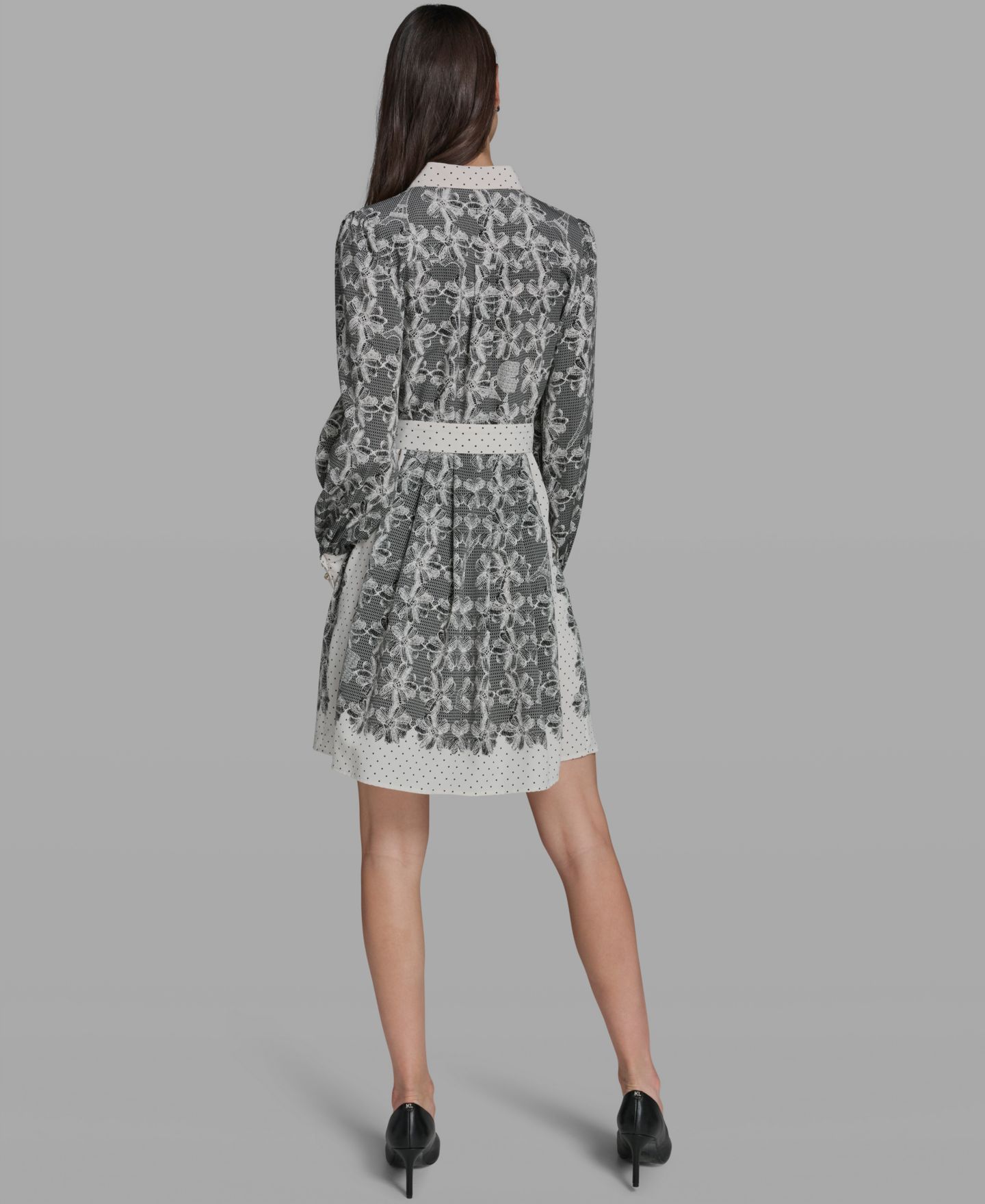 Женское платье KARL LAGERFELD PARIS Lace Print Collared Shirt Dress, цвет: Чёрный / Бисквитный — фото 5