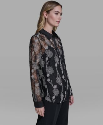 Women's Paris Lace Print Collared Top