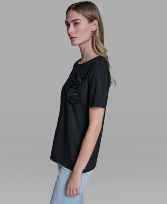 Women's Rose Trim Knit Crew Neck Top