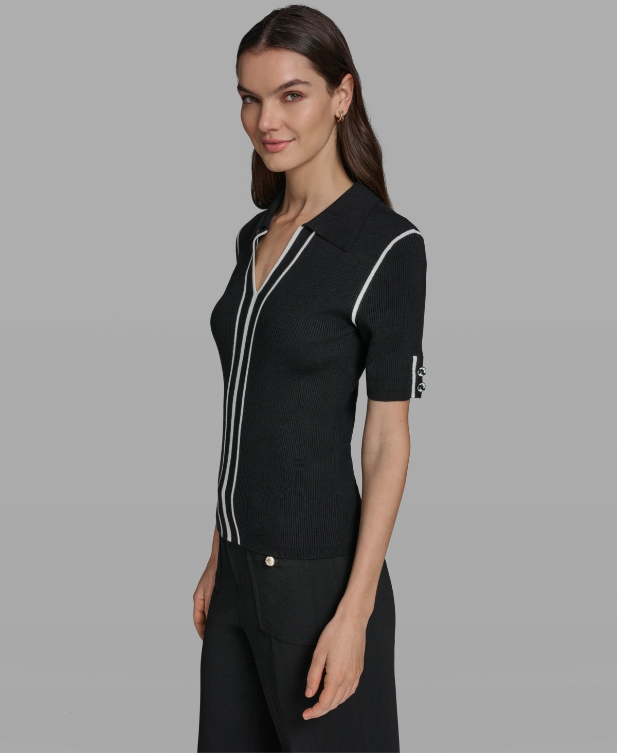 Karl Lagerfeld Paris Women's Short-Sleeve Johnny Collar Sweater