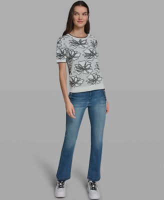 Women's Flower Print Short-Sleeve Sweater