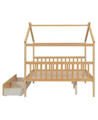 Full Size Wooden House Bed with Drawers, White