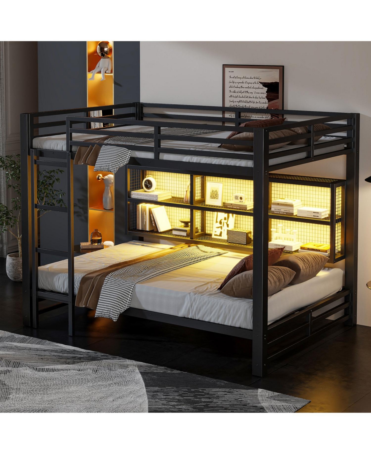 Streamdale Furniture Metal Queen over Queen Bunk Bed with Storage Cabinets and Led