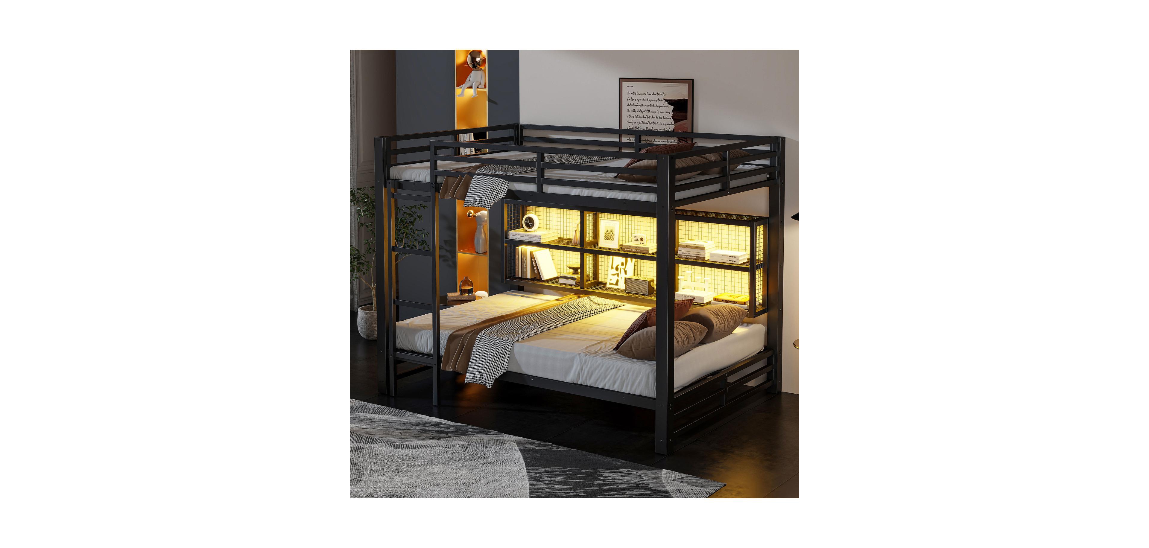 Streamdale Furniture Metal Queen over Queen Bunk Bed with Storage Cabinets and Led