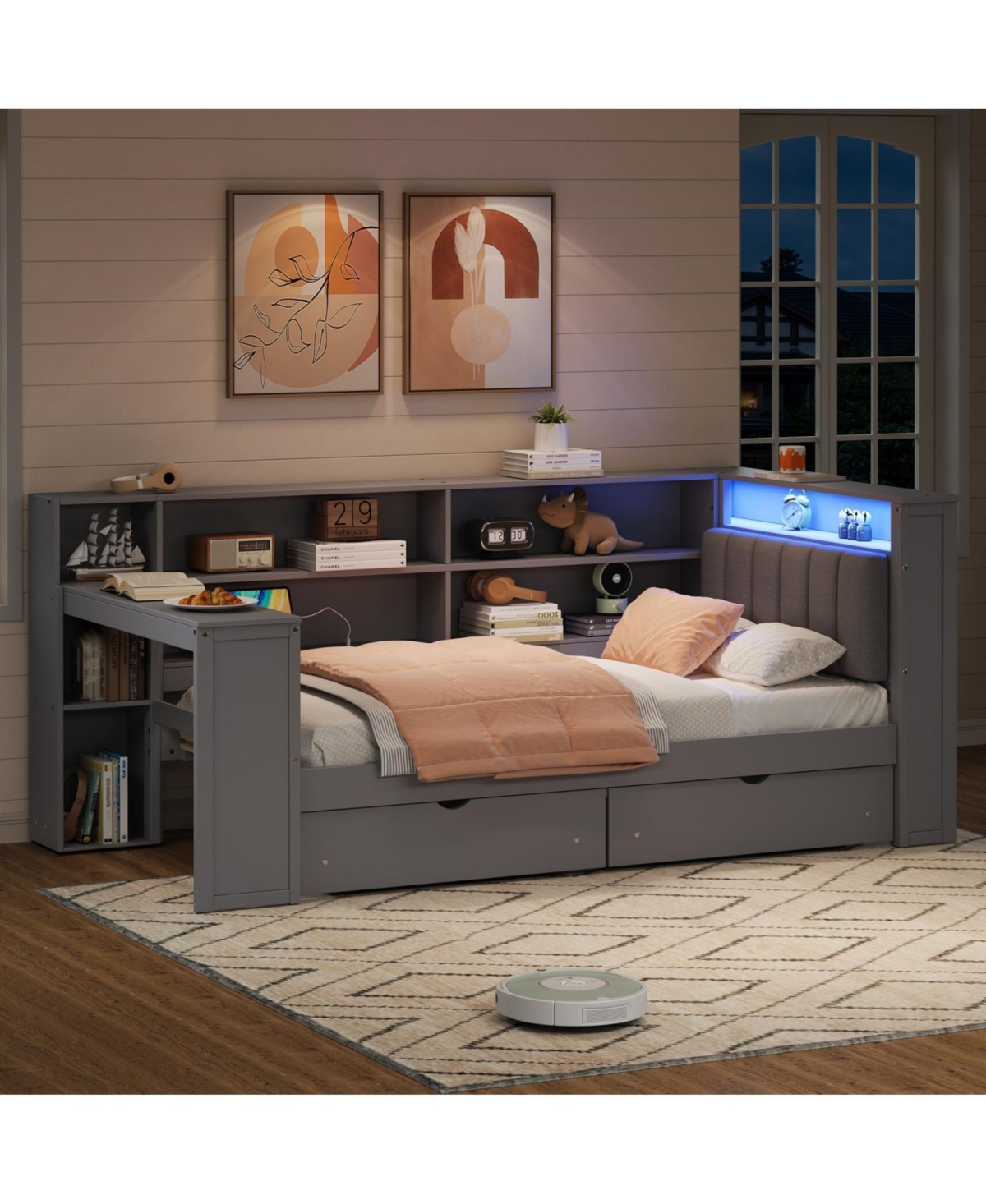 Streamdale Furniture Twin Platform Bed w/ Storage, Led, Desk, Charging, Upholstered Headboard