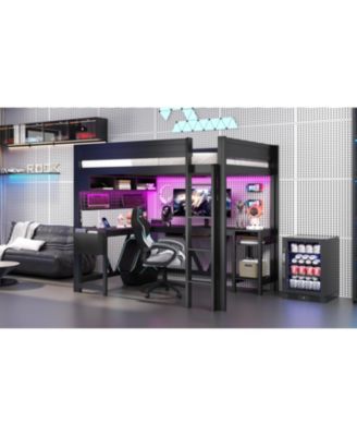 Full Size Black Gaming Loft Bed with Desk, LED Lights & Charging Station