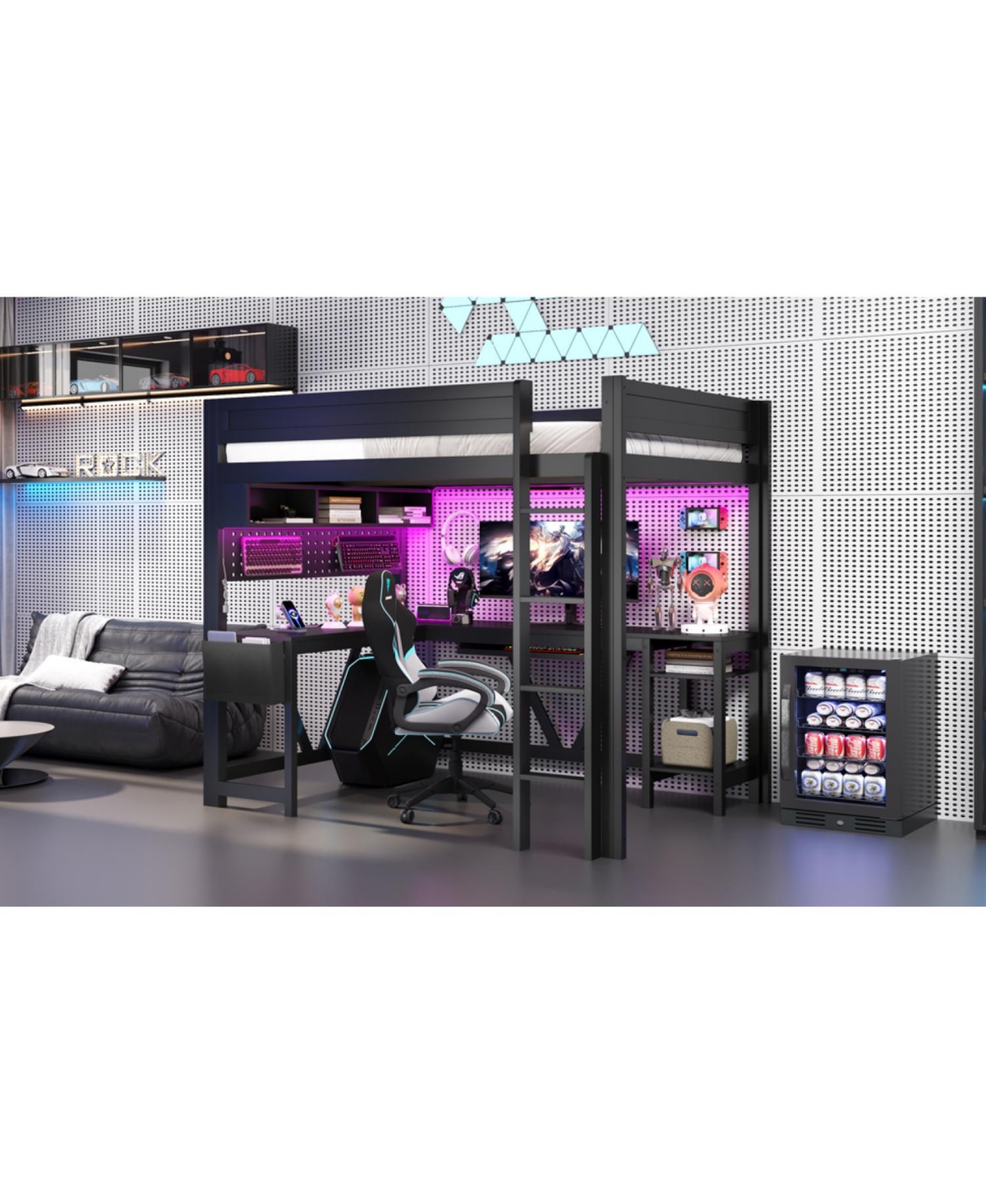 Streamdale Furniture Full Black Gaming Loft Bed with Desk, Led Lights & Charging Station