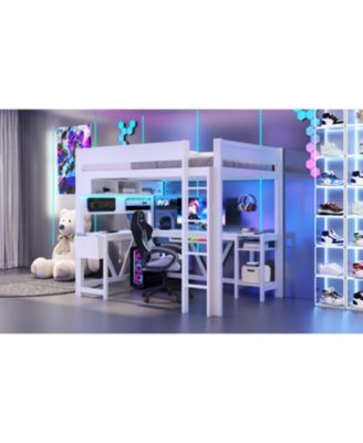 Full Size Black Gaming Loft Bed with Desk, LED Lights & Charging Station