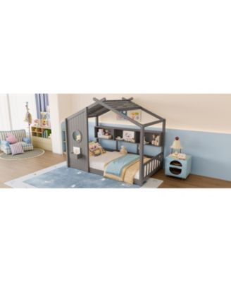 Twin Floor House Bed Toddler, Montessori Bed with Shelf, Playhouse Bed