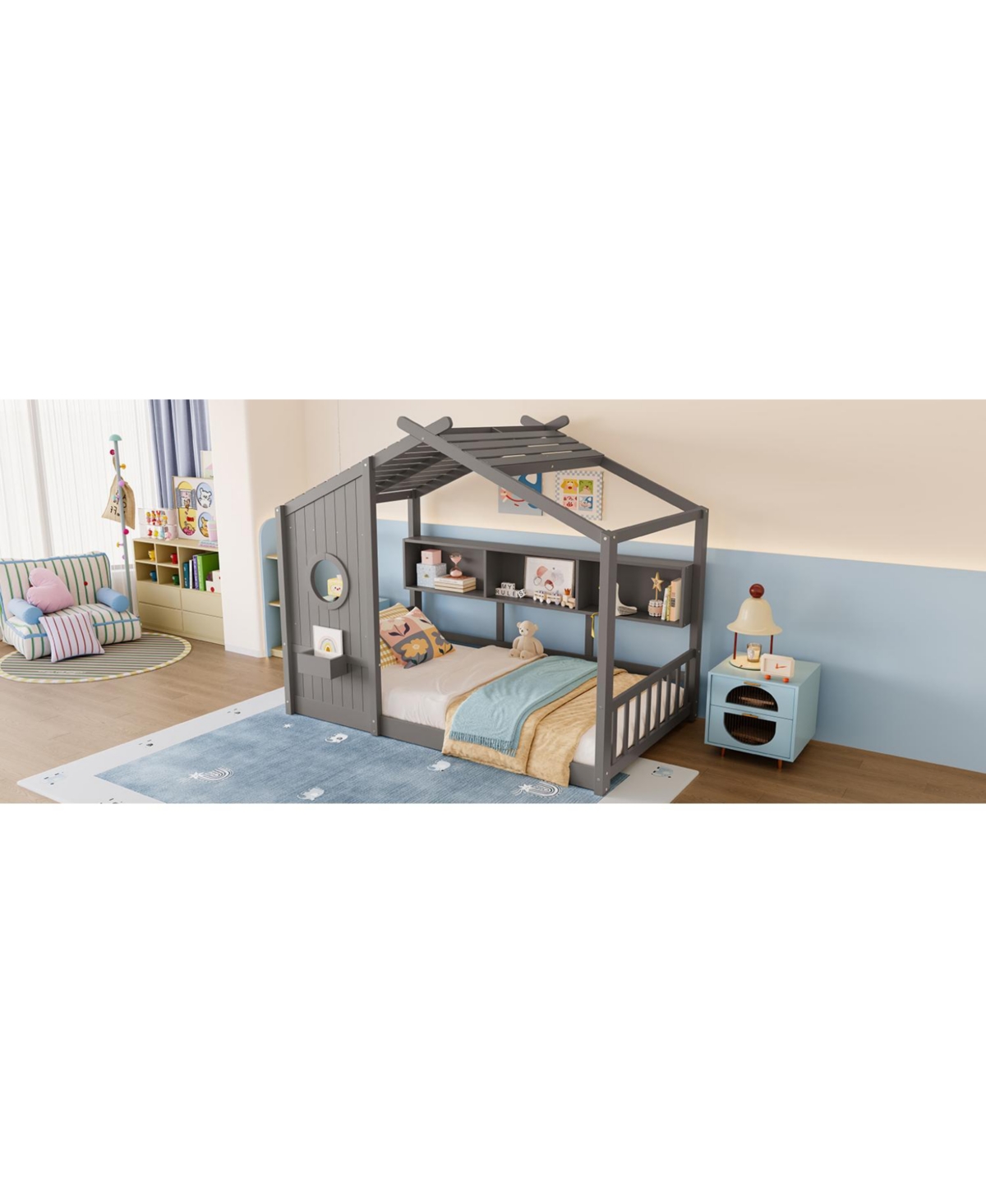 Streamdale Furniture Twin Floor House Bed Toddler, Montessori with Shelf, Playhouse Bed, Gray