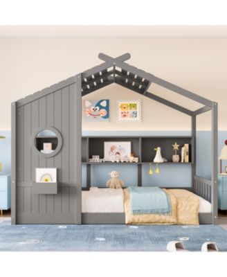 Twin Floor House Bed Toddler, Montessori Bed with Shelf, Playhouse Bed