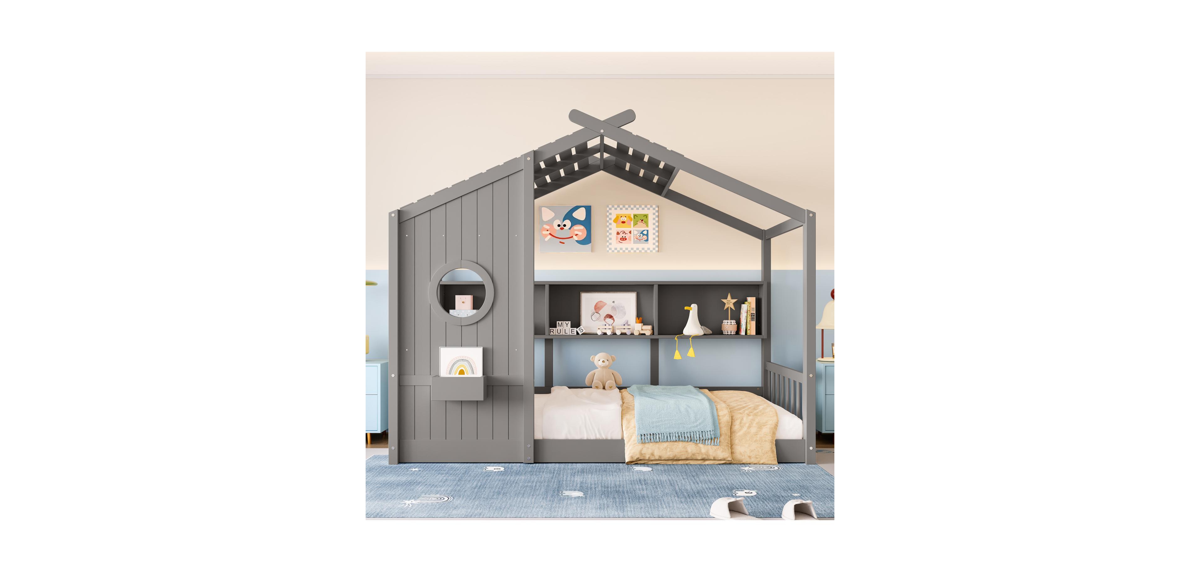 Streamdale Furniture Twin Floor House Bed Toddler, Montessori with Shelf, Playhouse Bed, Gray