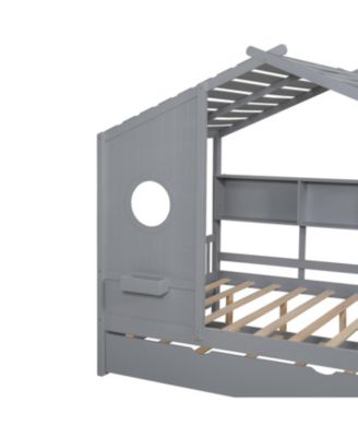 Wooden Full Size House Bed with Trundle & Shelf