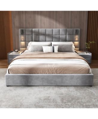 California King Upholstered Bed Frame, Sconce, USB, Velvet, Gray