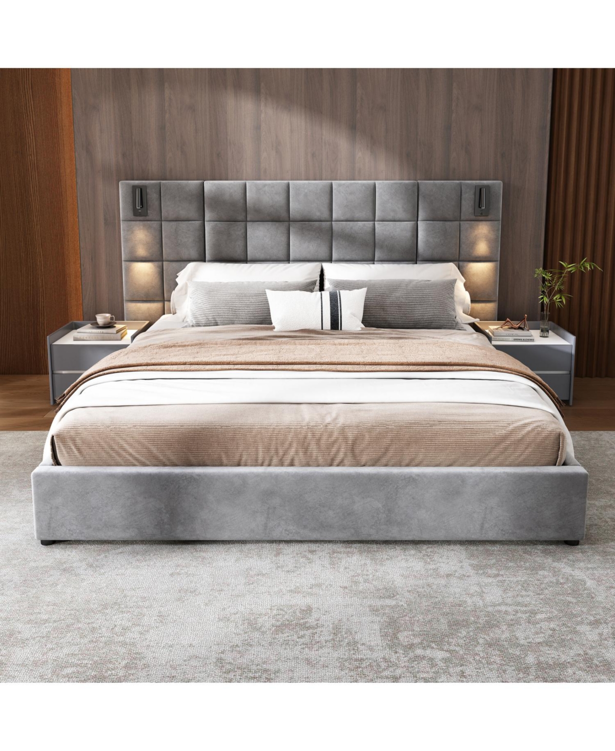 Streamdale Furniture California King Upholstered Bed Frame, Sconce, Usb, Velvet, Gray