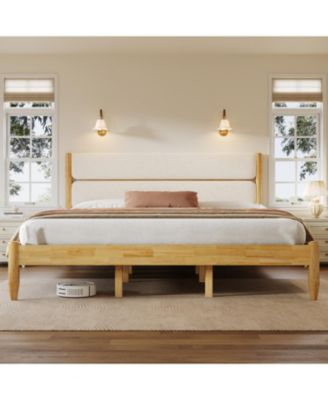 King Size Solid Wood Bed Frame With Fleece Upholstered Headboard
