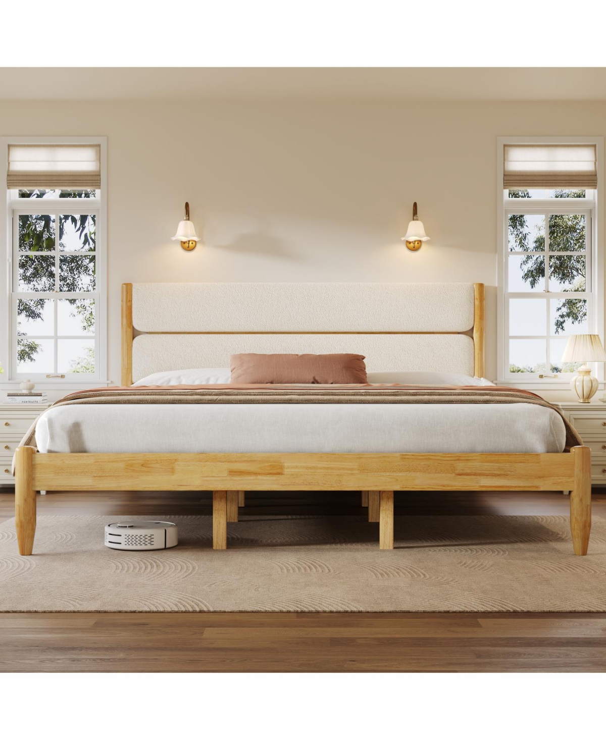 Streamdale Furniture King Size Solid Wood Bed Frame With Fleece Upholstered Headboard