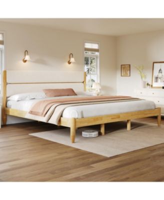 King Size Solid Wood Bed Frame With Fleece Upholstered Headboard