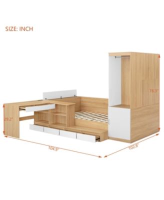 Full size Wooden Platform Bed with 6 Drawers, Shelves, desk and Wardrobe