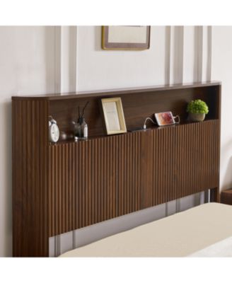 Full XL Bed Frame- Storage Headboard, Charging, Walnut
