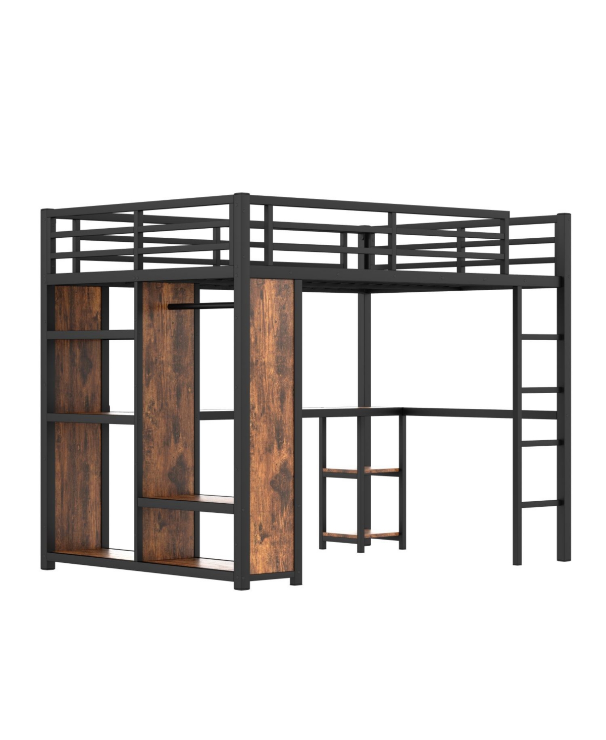 Streamdale Furniture Queen Loft Bed Frame Wardrobe, Desk & Shelves - Woodgrain