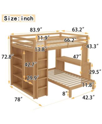  Queen over Twin Bunk Bed with Desk, Shelves & Wardrobe - Natural