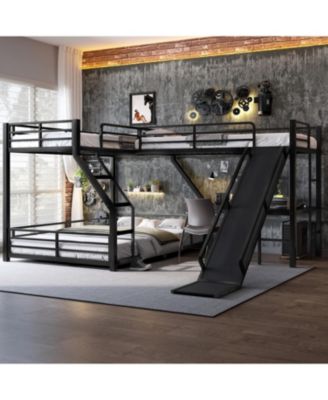L-Shaped Twin XL/Queen Bunk Bed with Loft, Slide & USB