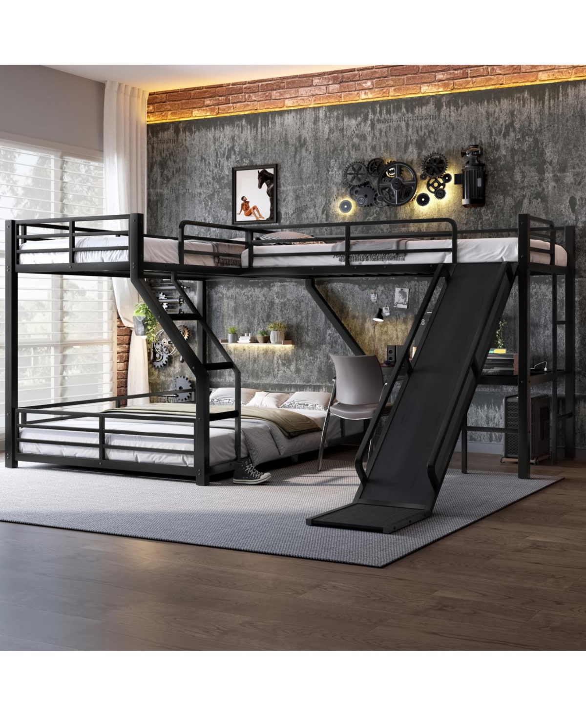 Streamdale Furniture L-Shaped Twin Xl/Queen Bunk Bed with Loft, Slide & Usb
