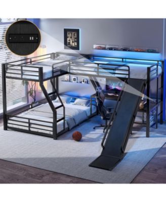 L-Shaped Twin/Full Bunk Bed with Loft, Slide & USB, Black