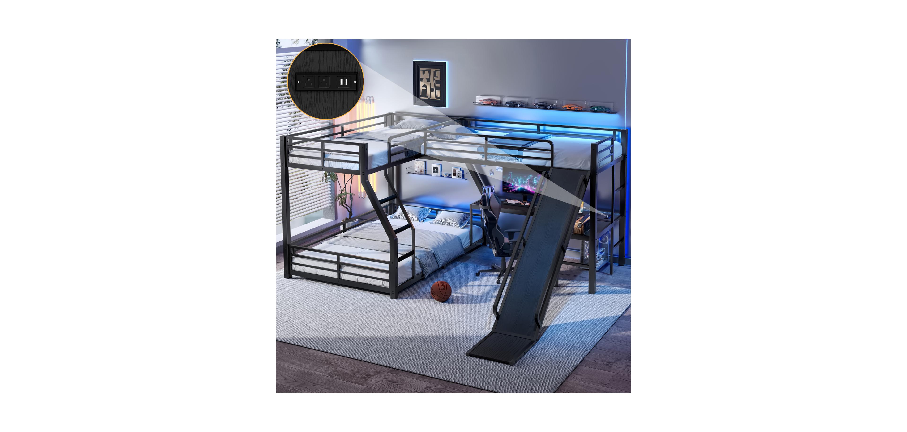 Streamdale Furniture L-Shaped Twin/Full Bunk Bed with Loft, Slide & Usb, Black