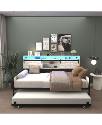Twin Daybed with Trundle, Barn Door Headboard, Charging Station