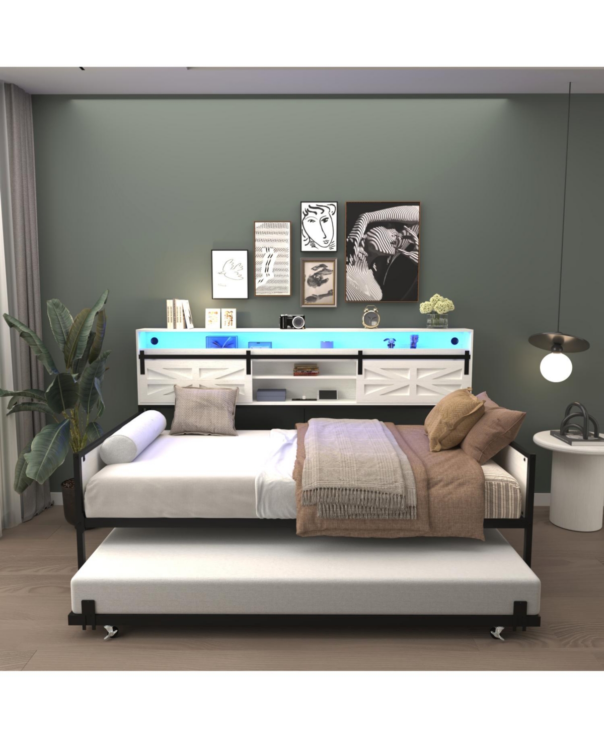 Streamdale Furniture Twin Daybed with Trundle, Barn Door Headboard, Charging Station