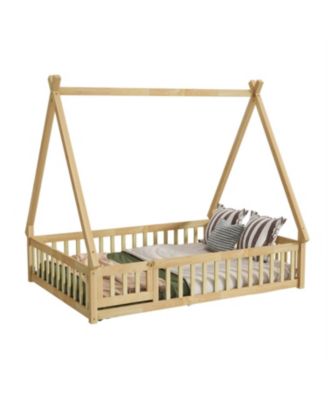 Streamdale Rubber Wood Tent Floor Bed with Guardrails & Door