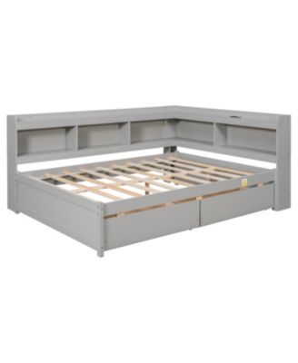 L-Shaped Bookcase Bed with Power Outlets, USB & Drawers - Grey