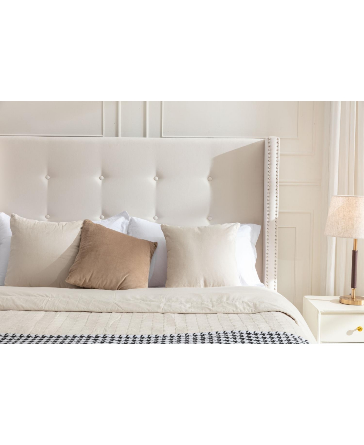 Streamdale Furniture Peyton King Bed Ivory Velvet Tufted Wingback